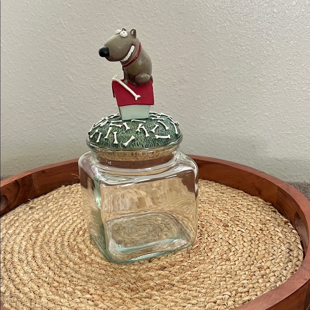 Dog-Themed Glass Jar with Red and Green Accents 4 1/2 x 4 1/2x 5 1/2